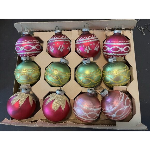 12 Shiny Bright Christmas Ornament Mica MCM Mercury Glass Some Matching With Box - Picture 1 of 12